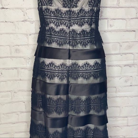 JS Collections Dress Lace Satin Sheath V Neck Black Nude Sleeveless Dress - Picture 7 of 15